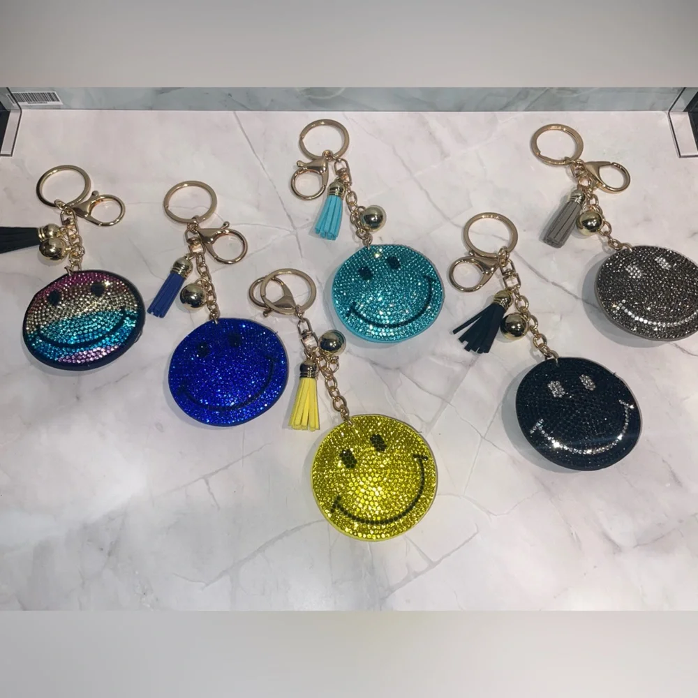 Rhinestone puffed Smiley Face Keychain Bag Charm with Tassel